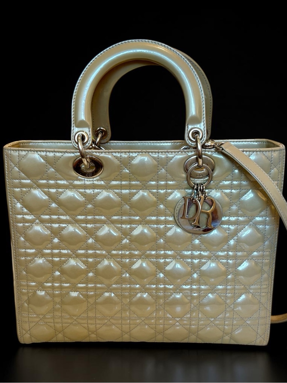 DIOR, LADY DIOR Large Vintage taupe Patent Leather silver hardware, Pristine!